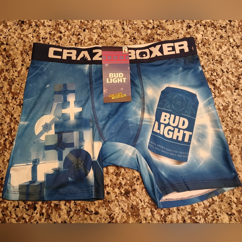 NWT Men's Blue & White Bud Light Beer Crazy Gift Boxers